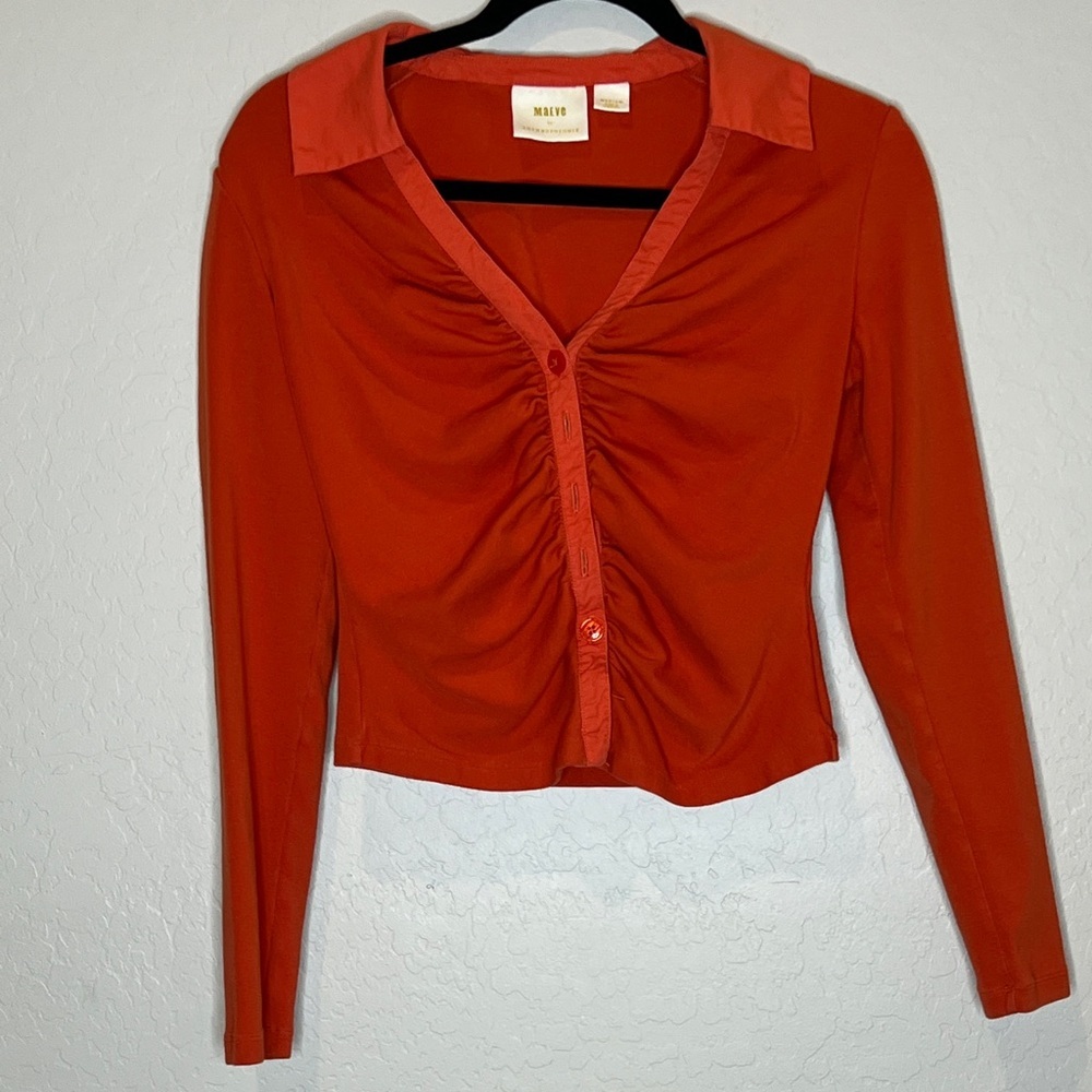 Maeve by Anthropologie Vibrant Orange Button Down Ruched Shirt size Medium